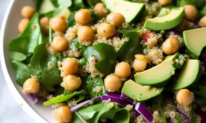 Heart-Healthy Quinoa, Avocado & Chickpea Salad over Mixed Greens